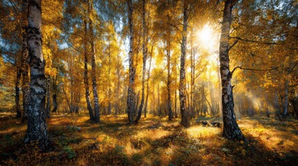 Obraz premium Golden autumn forest with sunlight filtering through trees, creating a serene and tranquil atmosphere in nature.