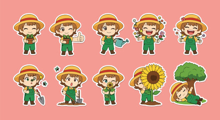 Adobe illustrator artwork vector illustration. A vibrant sticker set featuring a cute female gardener with various flowers and gardening tools, ideal for nature and hobby themes