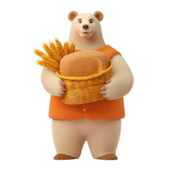 Friendly bear wearing orange vest holding basket with wheat stalks and loaf of bread, symbolizing harvest and bakery warmth