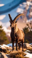 Majestic mountain goat stands on rocky, snowy terrain, backlit by golden sunlight