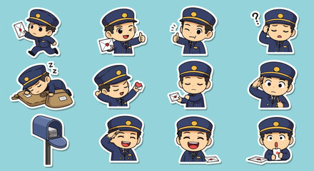Adobe illustrator artwork vector illustration. A set of cute postman character stickers showing various emotions and actions related to mail delivery, perfect for communication designs