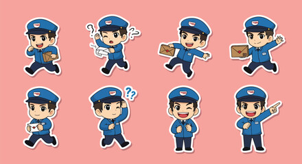 Adobe illustrator artwork vector illustration. A set of cute postman character stickers showing various emotions and actions related to mail delivery, perfect for communication designs