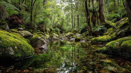 Obraz premium Serene green forest with a clear river flowing through moss-covered rocks, showcasing nature's beauty and tranquility.