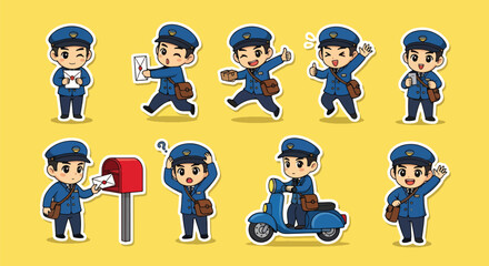 Adobe illustrator artwork vector illustration. A set of cute postman character stickers showing various emotions and actions related to mail delivery, perfect for communication designs