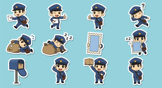 Adobe illustrator artwork vector illustration. A set of cute postman character stickers showing various emotions and actions related to mail delivery, perfect for communication designs