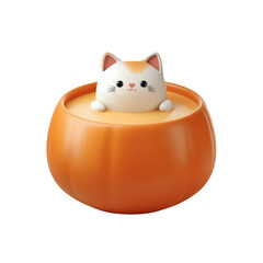 Cute cat peeking out of pumpkin bowl filled with creamy soup, creating warm and playful autumn vibe