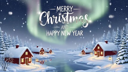 A festive winter wonderland scene with snow-covered houses, pine trees, a frozen river, falling snow, and the Northern Lights, featuring a 'Merry Christmas and Happy New Year' greeting. - Powered by Adobe