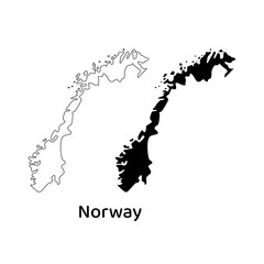 Two outlines and solid black map shapes of norway. Suitable for geography presentations, travel brochures, and educational materials focusing on norway.