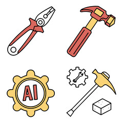 Illustration of a set of construction tools, including pliers, hammer, gear, and pickaxe, perfect for diy projects, home improvement, or construction themes