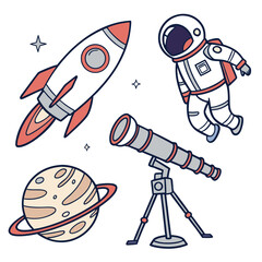 Illustration of a rocket, astronaut, telescope, and planet perfect for spacethemed designs, educational materials, or childrens illustrations © Shope3