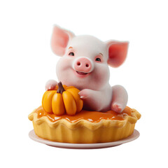 Cute piglet holding small pumpkin on pumpkin pie with happy expression for autumn celebration