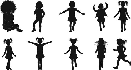 Little girl silhouette vector illustration, children playing poses, happy kids activity design, young female child figure drawing, black white outline art