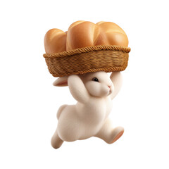 Cute white rabbit joyfully carrying wicker basket filled with fresh bread rolls, symbolizing warm and festive meal