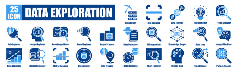 Data Exploration icon pack dual tone collection set Data Compass, Chart Explorer, Insight Map, Trend Finder, Pattern Seeker