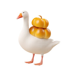 White goose carrying two orange pumpkins on its back, creating whimsical and festive autumn scene with bright colors and smooth textures