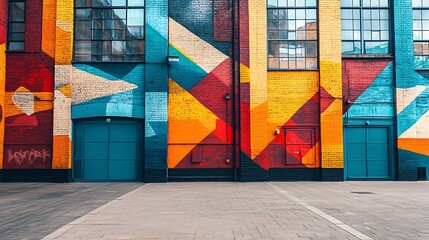 Vibrant geometric mural art decorates urban building facade with bold colors