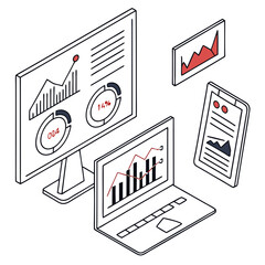 Isometric illustration of a computer, laptop, tablet and phone with charts and graphs data analysis and business intelligence