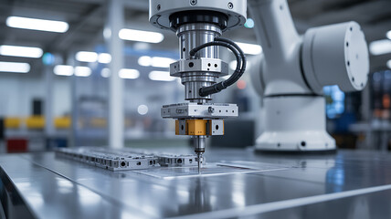 Fototapeta premium Industrial robotic arm performing precision drilling on metal components in a modern manufacturing facility