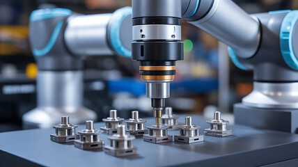 Fototapeta premium Industrial robotic arm performing precision machining on metal components in a manufacturing setting