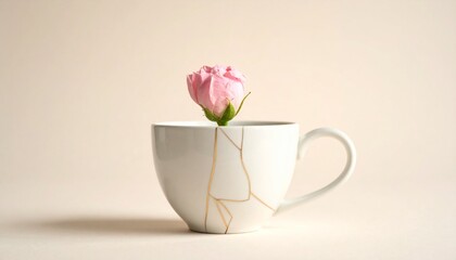 Elegant Kintsugi Art Repaired Cup with Rose, Symbol of Beauty in Imperfection