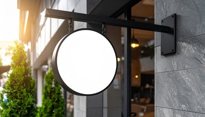 Blank round sign mockup hanging outside of a business ready for your logo or text
