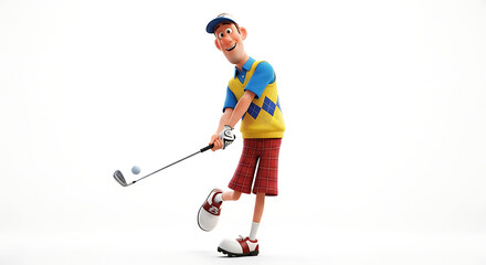 Animated man in golf attire swings a club, hitting a golf ball, with a cheerful expression against a white background.