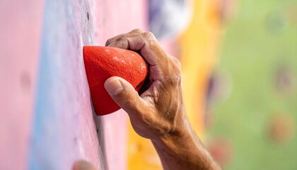Close-up shot of a climber's hand gripping a red hold on an indoor climbing wall