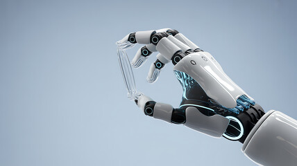 Robotic hand holding a transparent glass against a gradient blue background