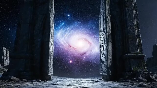 Ancient Stone Gateway Opens to Reveal a Dazzling Spiral Galaxy in Deep Space