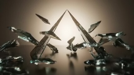 Abstract 3D Animation of a Glass Pyramid Shattering and Reforming. Conceptual CGI Loop of a Crystal Breaking and Reassembling on a Reflective Surface - Powered by Adobe