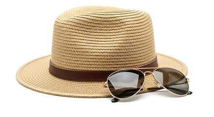 Stylish Straw Hat and Aviator Sunglasses on White Background