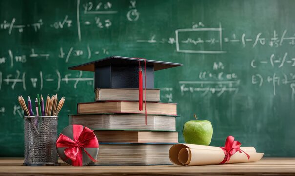 Graduation cap resting atop stacked books alongside a gift, diploma, and apple with equations