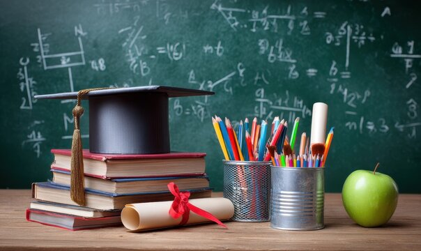Graduation cap rests on books near a certificate, pencils, and apple before a chalkboard