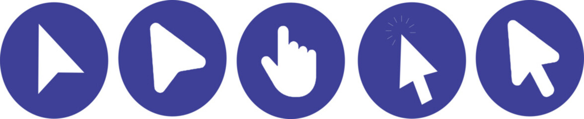 Blue Computer Mouse Cursor Icon Set – Arrow and Hand Pointer Symbols in Circular Buttons for Digital UI and Web Design