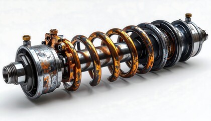 Weathered metallic shock absorber with coil spring, detailed rendering