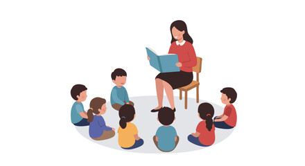 Teacher Reading to Children in a Circle Storytime and Educational Illustration