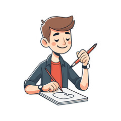 Illustration of a male artist drawing in a sketchbook in a white background