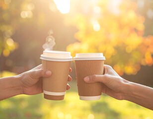 Two hands clinking disposable coffee cups outdoors in sunlight