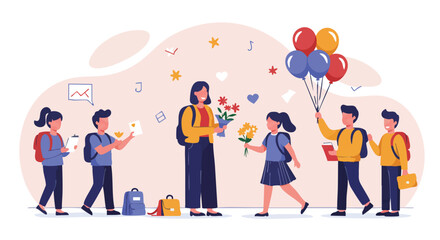 Celebration of knowledge and growth with students presenting gifts to their teacher on a special day