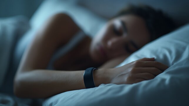 Young Woman Sleeping Peacefully in Bed at Night Wearing a Health-Tracking Smartwatch - Powered by Adobe