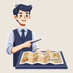 Illustration of a Man Explaining a Map of the Region with a Pointer