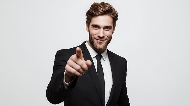 Handsome Businessman in a Black Suit Pointing His Finger Directly at the Viewer, We Want You Concept