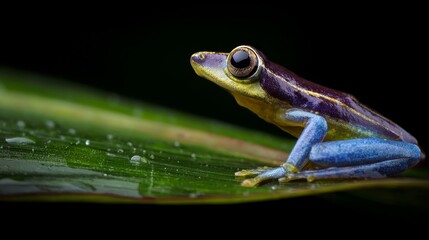 Obraz premium Close-up of frog on wet green leaf, rainforest biodiversity and wildlife conservation concept.