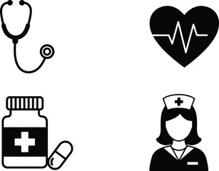 Medical, healthcare, icon, vector, stethoscope, heart, nurse, medicine, capsule, cross, patient, symbol, hospital, treatment, care, white background