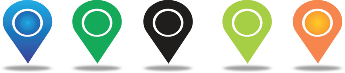 Colorful location map pin icons set in blue, green, black, lime, and orange, modern GPS navigation markers for maps, travel, business, and digital location apps