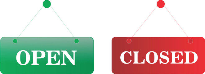 Green open sign and red closed sign hanging boards for shops, restaurants, cafes, and businesses, simple vector icons for opening and closing hours