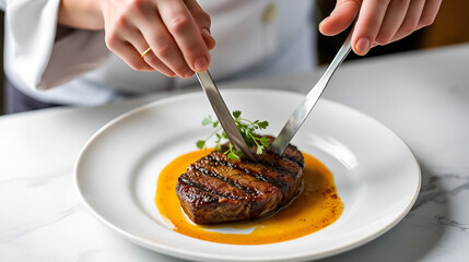 Chef expertly plating a perfectly seared steak