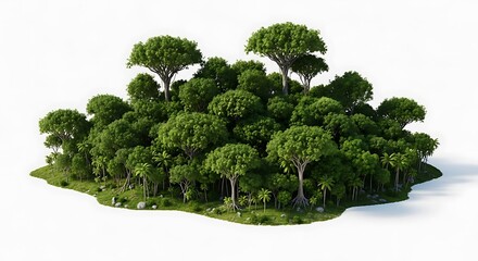 Lush Tropical Island with Dense Green Forest Canopy on White Background