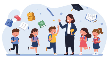 Joyful elementary students with backpacks eagerly greet their smiling female teacher, celebrating the beginning of a new school year