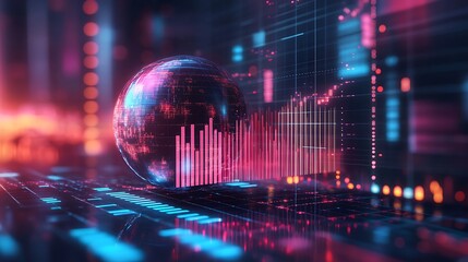 Abstract neon data visualization globe and bar graph with futuristic cityscape glow